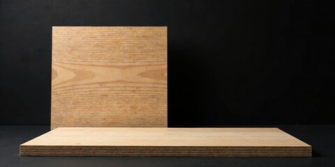 Poster - Studio backdrop of a horizontal wooden surface and a vertical wooden panel against a dark background, ideal for product photography or showcasing textures.