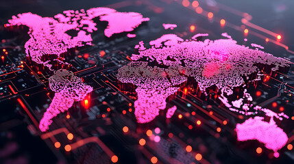 Poster - Neon Pink World Map on Digital Circuitry Background