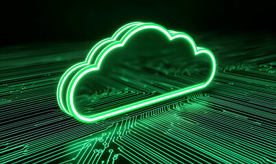 Poster - Neon Green Cloud Symbol on Circuit Pattern Background for Technology