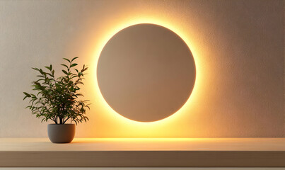 Poster - Modern Minimalist Interior with Illuminated Round Wall Decor