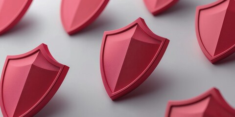 Aufkleber - A collection of glossy red shield icons arranged on a light surface, symbolizing protection and security in a modern design.