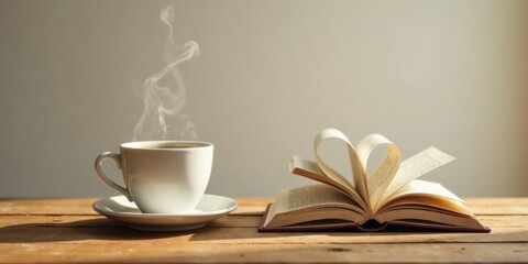 Poster - A steaming cup of coffee rests beside an open book forming a heart shape on a rustic wooden table in soft sunlight.