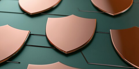 Poster - A close-up view of metallic shields arranged on a green surface, symbolizing protection and security.