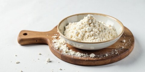 Poster - A mound of fine, pale powder sits in a small, shallow bowl resting on a wooden board.