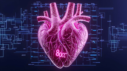 Poster - Digital Heart Model with Bright Colors and Circuit Patterns
