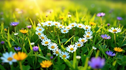 Poster - Heart Shaped Floral Arrangement in a Lush Meadow of Blooming Wildflowers at Sunrise