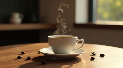 Poster - Aromatic Coffee Steam Rising from a White Cup on a Wooden Table