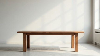 Aufkleber - A Simple Wooden Table in a Sunlit Room with Minimalist Design Aesthetics
