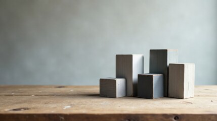 Poster - Rustic Wooden Blocks Arranged on Weathered Tabletop Against a Neutral Background Providing a Minimalist and Simple Product Display Setting