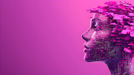 Poster - Futuristic Digital Face with Circuit Patterns and Vibrant Pink Background