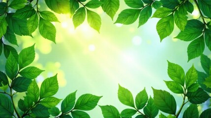 Aufkleber - Vibrant Green Leaves Frame a Sunlit, Tranquil Natural Background Ideal for Spring or Summer Themes and Projects Promoting Growth, Health, and Environmental Awareness.