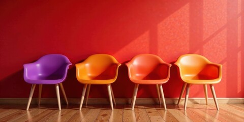 Poster - Vibrant Hue Chairs Arranged Against a Bold Red Wall, Basking in Sunlight