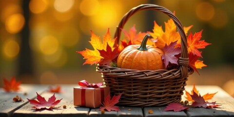 Poster - Autumnal Still Life A Small Pumpkin Nestled in a Woven Basket Adorned with Vibrant Fall Leaves, Beside a Gift