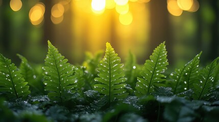 Fototapete - peaceful morning sunlight streams through trees highlighting vibrant green ferns in a serene forest background