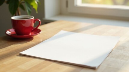 Poster - A clean, blank sheet of paper rests on a light wood table beside a red cup of coffee, bathed in sunlight.