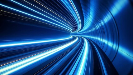 Poster - Virtual reality tunnel with fast-moving neon blue light traces, digital depth effect