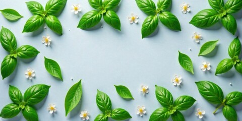 Aufkleber - Aromatic Basil Leaves and Delicate White Blossoms Arranged in a Frame on a Pale Blue Background
