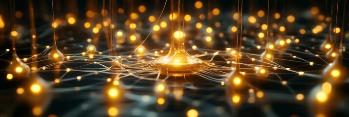 Poster - In a darkened space, glowing nodes pulsate as they connect through delicate lines, symbolizing the dynamic web of an advanced AI network