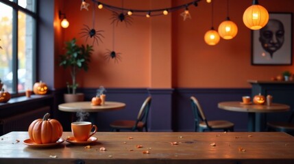 Poster - A steaming cup of coffee sits on a rustic wooden table, adorned with autumnal decorations, in a cozy cafe decorated for a fall celebration.
