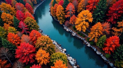 Aufkleber - Autumnal River Scene Vibrant foliage lines a tranquil waterway, creating a picturesque landscape of colorful trees and serene waters.