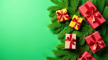 Poster - Festive Gifts and Evergreen Branches on a Green Background A Holiday Composition