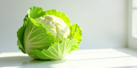 Poster - A Fresh Head of Cabbage in Soft Sunlight on a White Surface