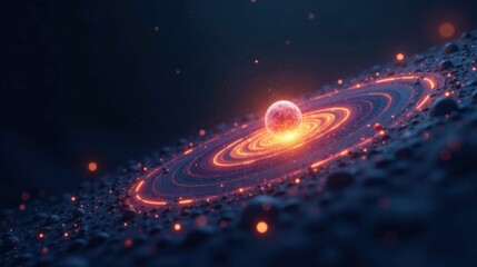Poster - A fiery celestial body rests at the heart of a swirling cosmic ring, surrounded by a field of dark asteroids and glowing embers.