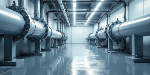 Poster - Industrial Piping System in a Modern Facility Rows of large diameter pipes and supporting structures arranged symmetrically within a clean, brightly lit industrial space.