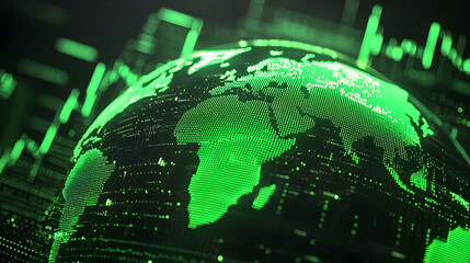 Poster - Green Digital Globe with Data Visualization on Dark Background