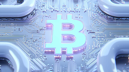 Poster - Digital Bitcoin Symbol on Circuit Board with Blue Illumination