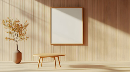 Poster - Modern Minimalist Interior with Empty Frame and Tree Decoration