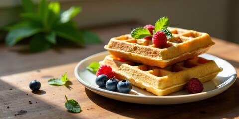Poster - Golden Waffles Topped with Raspberries and Blueberries on a Plate