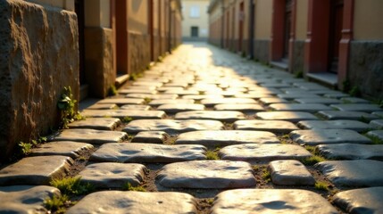Poster - Golden Hour Cobblestone Lane A Pathway of Sunlit Stones Leading Through Historic Architecture