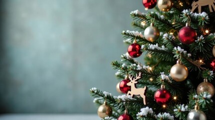 Poster - A Festive Holiday Evergreen Tree Adorned with Sparkling Ornaments and Wooden Reindeer Decorations