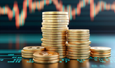 Poster - Stacked Gold Coins with Financial Charts and Data Background