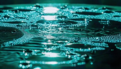 Poster - mystical macro shot of water droplets on reflective surface with glowing bokeh effect, futuristic abstract texture for design

