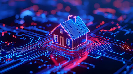 Poster - Neon House Model on Circuit Board Background in Blue and Red Lights