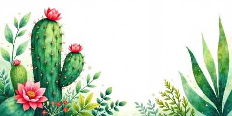 Poster - Watercolor Desert Botanical Illustration Featuring Blooming Cacti and Lush Foliage, Ideal for Invitations or Decorative Prints