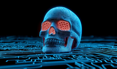 Poster - Futuristic Blue Skull with Circuit Patterns and Glowing Eyes