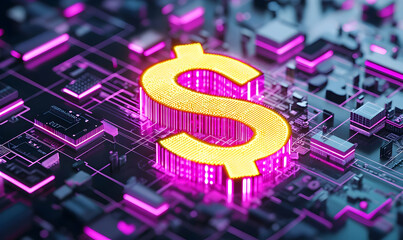 Poster - Glowing Dollar Sign on Circuit Board in Neon Cyberpunk Style