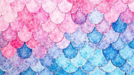 Poster - Pastel Mermaid Scales An Enchanting Watercolor Pattern of Overlapping Scallops in Shades of Pink and Blue