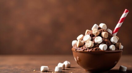 Poster - A decadent chocolate dessert brimming with fluffy marshmallows and crunchy biscuit pieces, served in a rustic bowl with a festive straw.