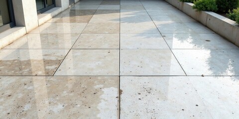 Aufkleber - Wet Patio Tiles Reflecting Sunlight and Shadows on a Modern Building Exterior