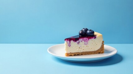 Poster - A delectable slice of creamy cheesecake, adorned with a vibrant blueberry topping and a delicate graham cracker crust, rests elegantly on a pristine white plate against a soft blue backdrop.