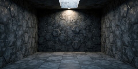 Poster - A dimly lit interior space featuring a hexagonal tile wall and a tiled floor, ideal for showcasing products or creating a mood