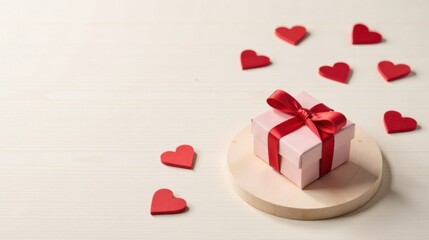 Poster - A delicately wrapped pink gift box with a vibrant red ribbon sits on a light wooden disc, surrounded by scattered red hearts on a pale surface, symbolizing affection and a thoughtful present.