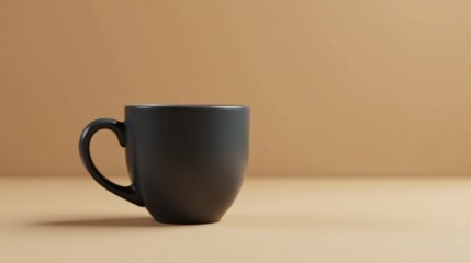 Poster - A solitary dark gray mug rests on a neutral beige surface, a simple yet elegant still life composition.