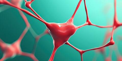 Poster - Close-up view of red neurons connected by intricate networks, showcasing the beauty of cellular structures against a soft turquoise background.