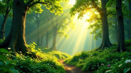Poster - Sunbeams Illuminate a Mystical Forest Path, Where Lush Greenery and Delicate Flowers Flourish Under a Canopy of Ancient Trees
