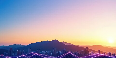 Poster - A vibrant sunset over a city skyline, featuring mountains in the background and illuminated structures in the foreground.